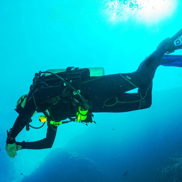 diving on fuerteventura - divers under water-square